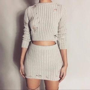 🔴Beige Tan Distressed Two Piece Sweater Skirt Set